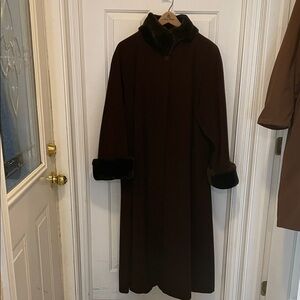 Elegant dark brown Long Coat with Fur Trim